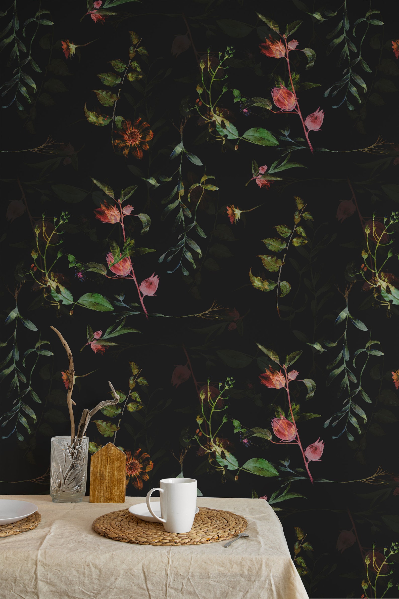 Peel and Stick Wallpaper Floral Watercolor | Dark Botanical Wallpaper ...
