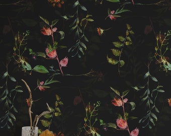 Peel and Stick Wallpaper Floral Watercolor | Dark Botanical Wallpaper Removable | Garden Flower Wallpaper | Floral Wallpaper Dark Botanical