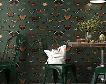 Dark Green Butterfly Wallpaper Peel and Stick |  Dark Green Botanical Wallpaper Vintage | Vintage Butterfly Wallpaper | Butterfly Wall Mural