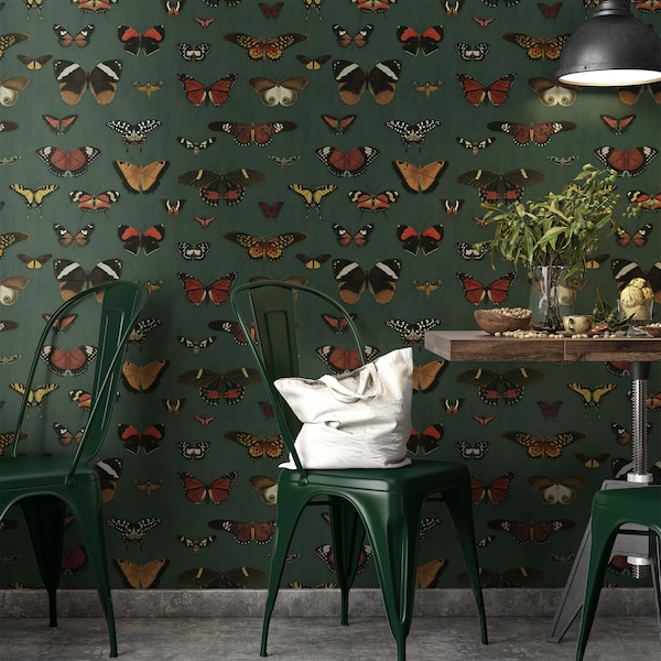 Dark Green Butterfly Wallpaper Peel and Stick |  Dark Green Botanical Wallpaper Vintage | Vintage Butterfly Wallpaper | Butterfly Wall Mural
