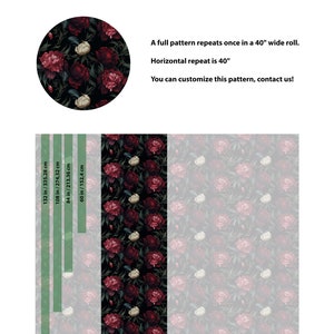 May include: A floral wallpaper pattern with dark red and white peonies on a black background. The pattern repeats every 40 inches. The wallpaper is available in various lengths, including 132 inches, 108 inches, 84 inches, and 60 inches.