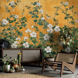 Gold Botanical Peel and Stick Wallpaper with Flowers, Gold Chinoiserie Wallpaper Mural, Greenery Botanical Wallpaper Self Adhesive