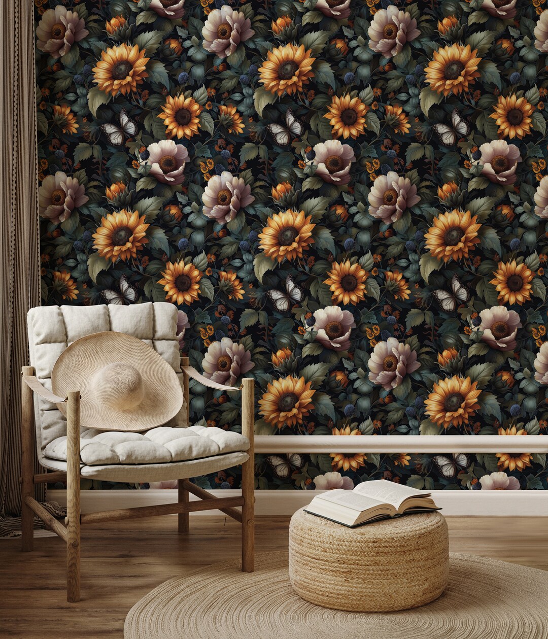 Dark Floral Peel and Stick Wallpaper: Botanical Wall Mural - Etsy