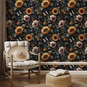 Dark Floral Peel and Stick Wallpaper | Dark Flowered Wall Mural | Dark Botanical Wallpaper Peel and Stick | Dark Flower Wallpaper Mural