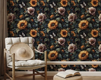 Dark Floral Peel and Stick Wallpaper: Botanical Wall Mural
