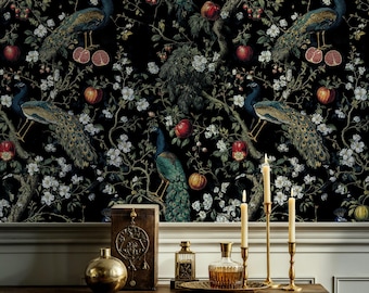 Dark Peacock Chinoiserie Wallpaper - Peel and Stick, Paste the Wall, Black Floral Botanical Wall Mural