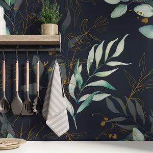 Green Eucalyptus Peel and Stick Wallpaper Floral Botanical for Bathroom | Watercolor Flowers Wallpaper | Green Botanical Wallpaper Removable