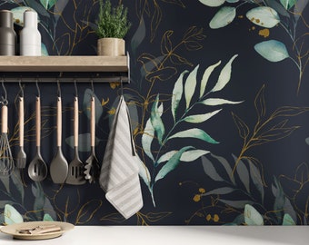 Green Eucalyptus Peel and Stick Wallpaper Floral Botanical for Bathroom | Watercolor Flowers Wallpaper | Green Botanical Wallpaper Removable