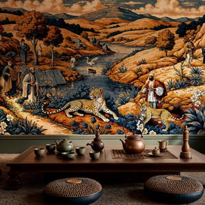 Op de afbeelding: Een gedetailleerd tapijt dat een landschap toont met figuren, een rivier en luipaarden. De scène is weergegeven in warme tinten bruin, oranje en blauw. Een lage houten tafel met theesets en vloerkussens staat op de voorgrond.