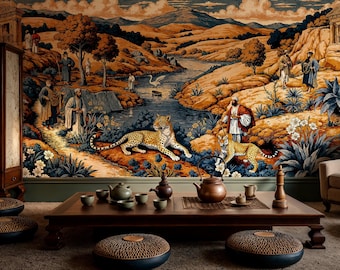 Renaissance Classical Landscape Wall Mural, Ancient Pilgrim Leopard Tapestry Peel and Stick Wallpaper