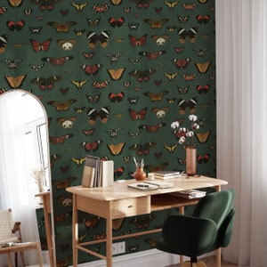 Dark Green Butterfly Wallpaper Peel and Stick | Dark Green Botanical ...
