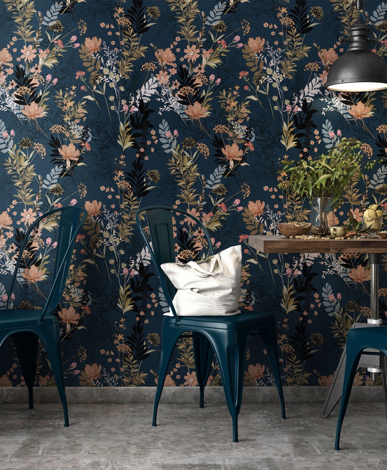 Blue Tropical Peel and Stick Wallpaper Navy Botanical Etsy