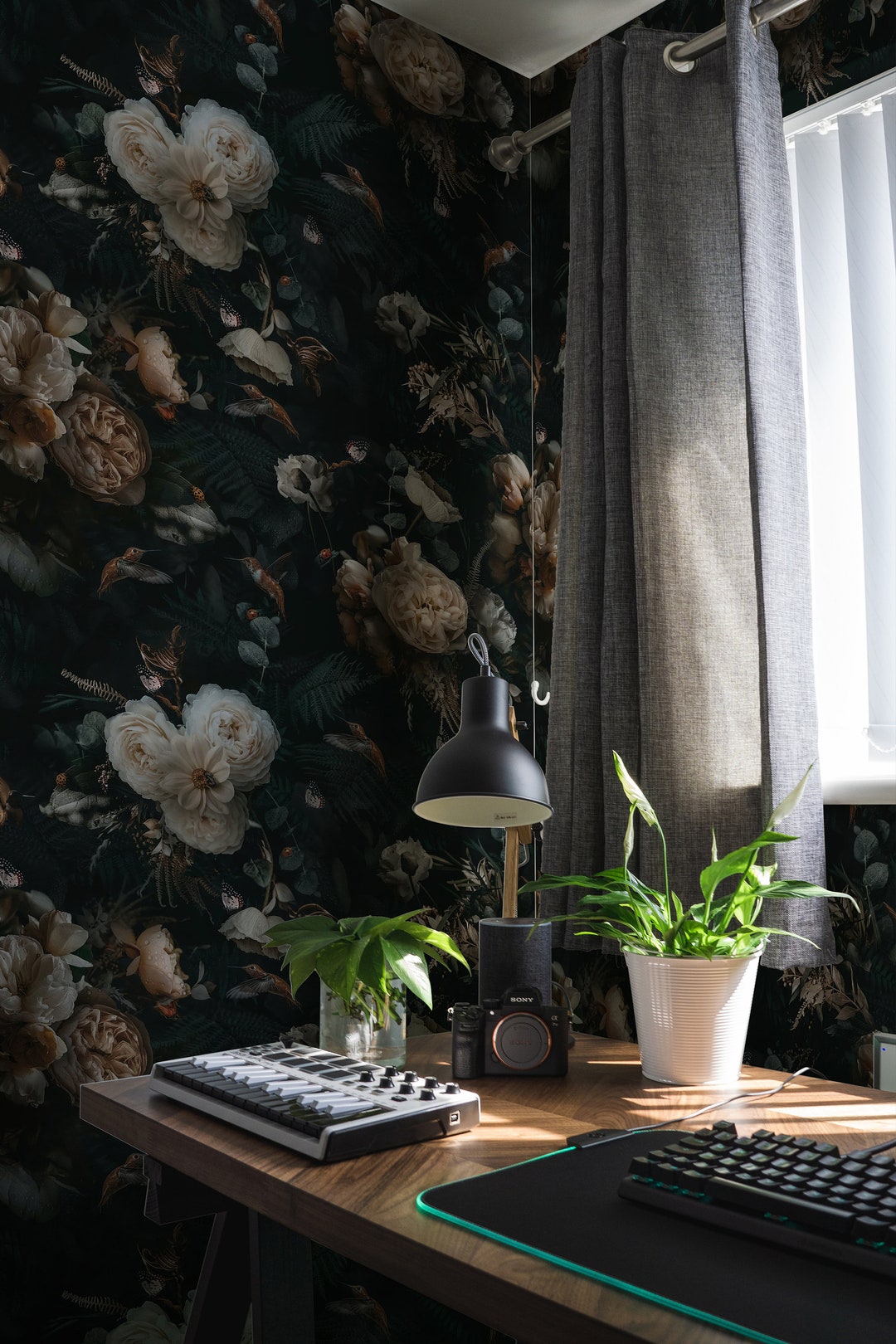 Dark Peony Peel and Stick Wallpaper | Vintage Botanical Wallpaper Dark ...