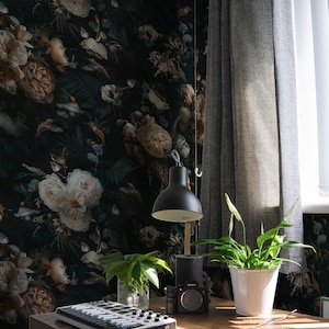 Dark Peony Peel and Stick Wallpaper | Vintage Botanical Wallpaper Dark Floral Wall Mural | Dark Floral Peony Wallpaper Mural Removable