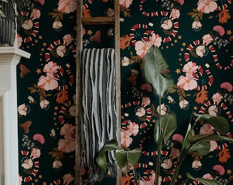 Dark Tropical Wallpaper | Jungle Wallpaper Peel and Stick | Dark Green Wallpaper |  Snake Wallpaper | Dark Botanical Wallpaper Removable