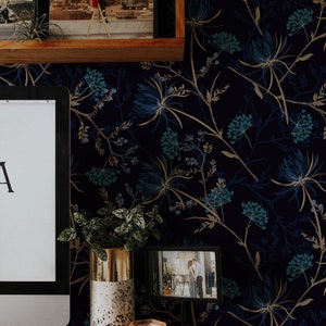 Dark Botanical Wallpaper Peel and Stick Floral | Navy Blue Wallpaper ...