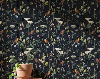 Dark Botanical Wallpaper Vintage Birds | Wild Flower Wallpaper | Dark Floral Watercolor Wallpaper Mural | Botanical Bird Wallpaper