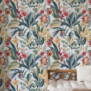 Watercolor Botanical Leaves Wallpaper Removable, Lush Tropical Peel and Stick Wallpaper, Exotic Leaves Tropical Wall Mural, Botanical Mural