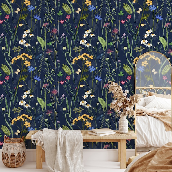 Herb Peel and Stick Wallpaper Floral | Navy Botanical Wallpaper with Butterflies,  Colorful Wild Flower Wallpaper Mural