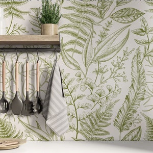Greenery Fern Botanical Wallpaper Herbs | Light Green Botanical Foliage Wallpaper | Green Botanical Peel and Stick Wallpaper
