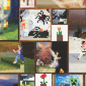 May include: A collage of pixelated images, including a skull, a spider, a flower, a video game scene, and a landscape. The images are arranged in a grid pattern and are framed in brown.