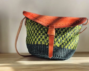 Small Handwoven Sisal African Handbag with Leather Adjustable Shoulder Strap-Dark Green
