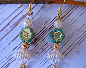 Turquoise Floral Earrings | Handmade |Faux Pearl | Dangle Earrings |Gold Flower Earrings | Romantic | Gift for Her | Birthday gift