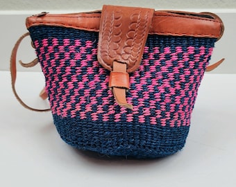Handwoven Pink and  Blue Straw Shoulder Bag With Leather Trim, Zip Closure