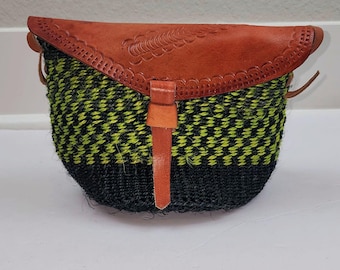 Handmade Woven Green & Black Crossbody Bag With Leather Strap ,Flap Closure