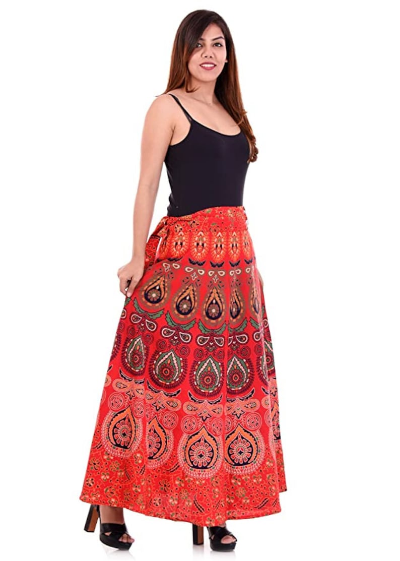 Red Color Indian Ethnic Cotton Rapron Long Skirt Bohemian Style