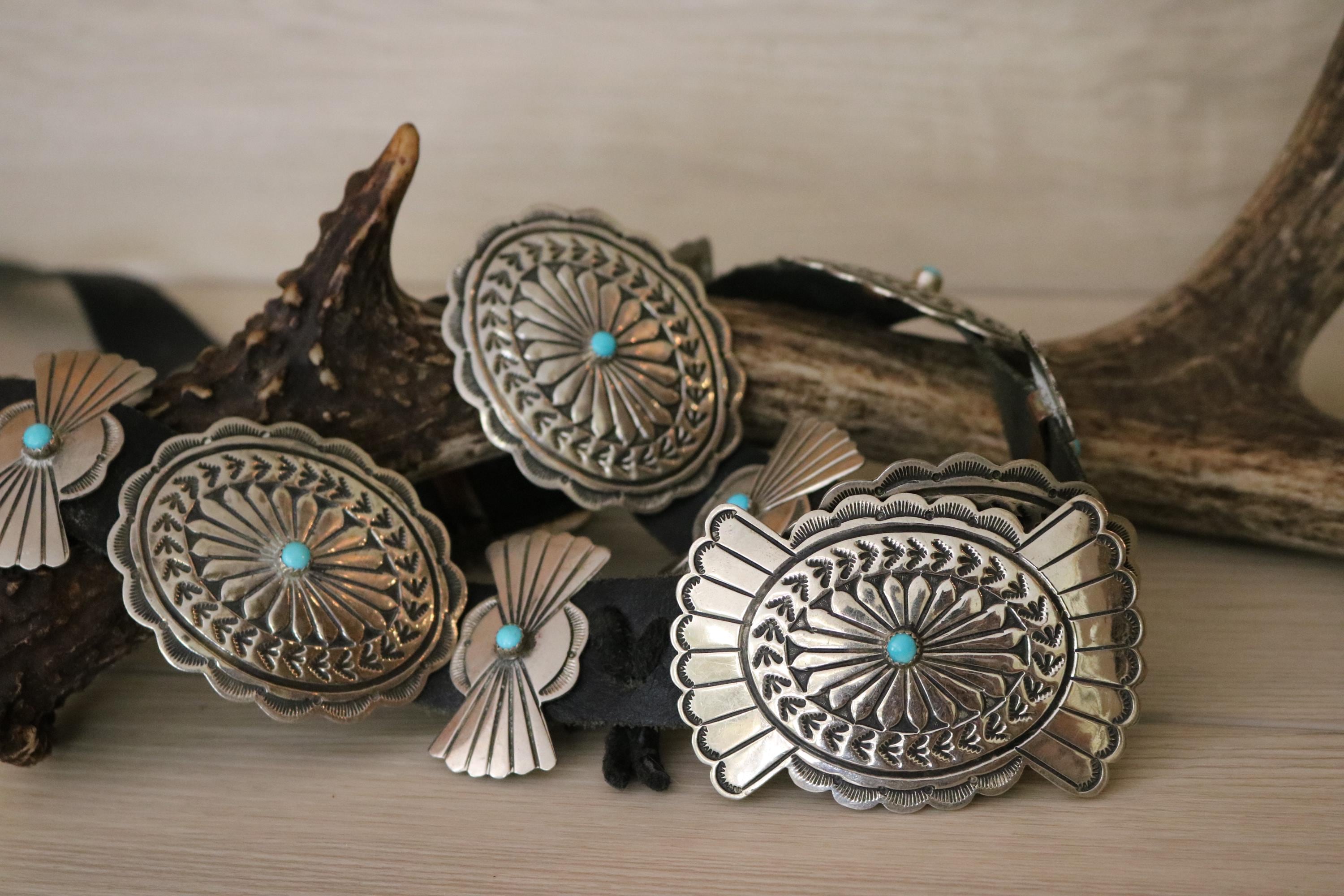 Concho Belt Coin Silver Turquoise Faux Leather Navajo Style 