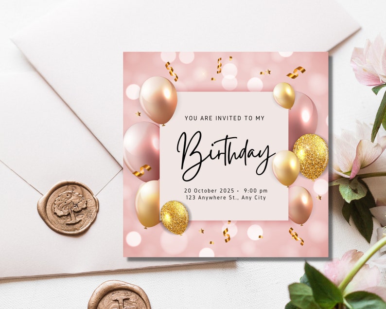 Editable Birthday Party Digital Invitation Text Invitation Pink and