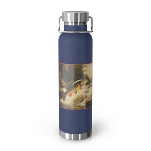 Bass Fishing Retro Thermos, Fisherman, Outdoors, Holds 12 hr Hot and 48 hr Cold liquid Copper Vacuum Insulated Bottle, 22oz