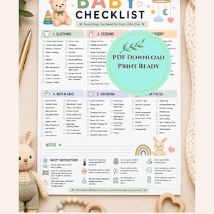 May include: A baby checklist for printing, featuring sections for clothing, feeding, and care. The design includes a teddy bear, a bunny, and a rainbow. The checklist also provides safety instructions for new parents.