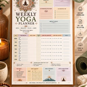 Könnte beinhalten: Ein druckbarer Wochen-Yoga-Planer mit einem Design aus Holz-Klemmbrett. Der Planer enthält Abschnitte für Yoga-Praxis, Wochenziele und Gewohnheitsverfolgung. Das Design zeigt eine Lotusblume und eine meditierende Figur.