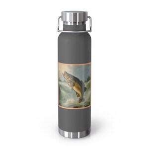 Holiday gift Retro Bass Fishing Thermos Fisherman Holds 12 hr Hot and 48 hr Cold liquid Copper Vacuum Insulated Bottle, 22oz