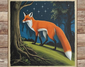 Lienzo satinado de zorro del bosque, decoración caprichosa para el hogar, arte mural de vida silvestre, regalo para amantes de la naturaleza, decoración acogedora para la sala de estar