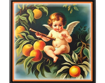 Cherub-orange tree- on cotton canvas with poplar wood walnut or black frame in multiple sizes