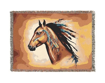 Equestrian Woven Blanket | Cozy Horse Throw Blanket, Rustic Home Decor, Gift for Horse Lovers, Horse-Themed Cozy Blanket, Farmhouse Style
