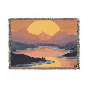 Sun and Mountains Woven Blanket, Sunset, Sunrise Nature-Inspired Throw, Perfect for Home Decor, Gift for Nature Lovers, Eco-Friendly Blanket