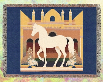 White Horse Woven Blanket - Renaissance Home Décor, Equestrian Gift, Vintage Style Throw, Horse Lover's Gift, Decorative Tapestry