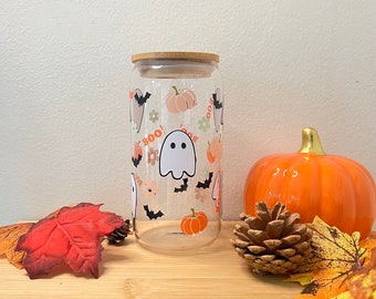 Glass can, Ghost and Bats Halloween glass can, Glass Cup, Can Cup, Libbey cup, Beer Glass, Glass Tumbler, Tumbler With Straw