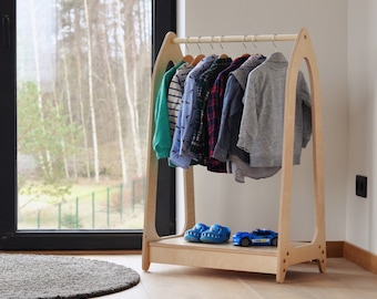 Kids Clothing Rack, Montessori Clothing Rack, Toddler Wooden Clothing Hanger, Kids Montessori Wardrobe, Wooden Toddler Wardrobe Organizer