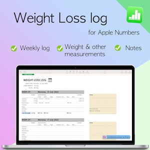 Könnte beinhalten: Ein Laptop-Bildschirm zeigt eine Gewichtsverlust-Log-Vorlage für Apple Numbers. Die Vorlage enthält Abschnitte für das wöchentliche Gewicht, Messungen und Notizen. Das Startdatum ist Montag, der 10. Juli 2023.