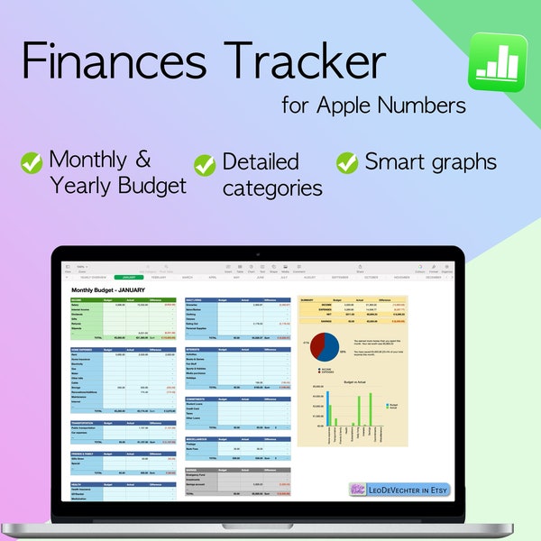 Annual & Monthly Finances tracker Spreadsheet | Apple Numbers | Euro, British pound, US Dollar | Budget Manager | Personal Expenses tracker