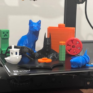 May include: A 3D printed model of a cat, a boat, a Minecraft character, a shark, a Batman head, a gear, a snowflake, a cylinder, and a rectangular box. The models are printed in various colors, including blue, white, green, red, orange, and black.