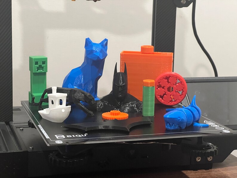 May include: A 3D printed model of a cat, a boat, a Minecraft character, a shark, a Batman head, a gear, a snowflake, a cylinder, and a rectangular box. The models are printed in various colors, including blue, white, green, red, orange, and black.