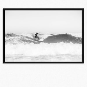 Poster Framed Surfer Black and White Wall Art Photography, Surf Minimalist Home Decor, Cool Surfing Waves Poster Print, Coastal Beach Decor