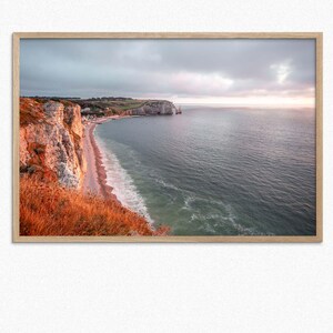 Póster enmarcado de la playa de Etretat, arte de pared, fotografía, decoración del hogar de la costa de Francia, arco de roca, océano, póster impreso, puesta de sol, playa, verano, impresión artística fina