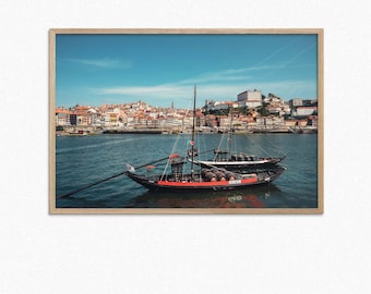 Porto Portugal Print: Douro River Rabelo Boats, Ribeira Architecture